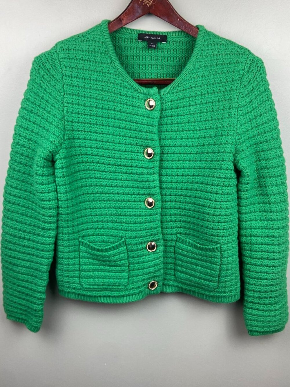 Ann Taylor Chunky Knit Green Cardigan With Gold Buttons Size Small Petite